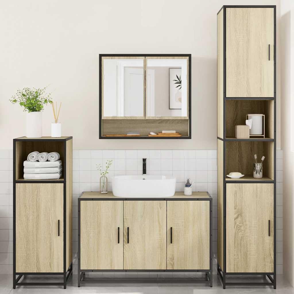 Set di 4 mobili da bagno con armadietto a specchio, effetto rovere