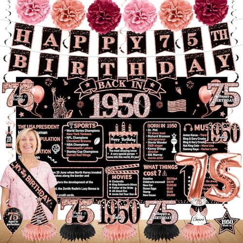 Zirtorei 75th Birthday Decorations for Women, 21pcs Vintage 1950 Banner Party Supplies, Rose Gold 75 Year Old Birthday Backdrop, 75 Bday Honeycomb Centerpiece Hanging Swirls Balloon Sash Gifts
