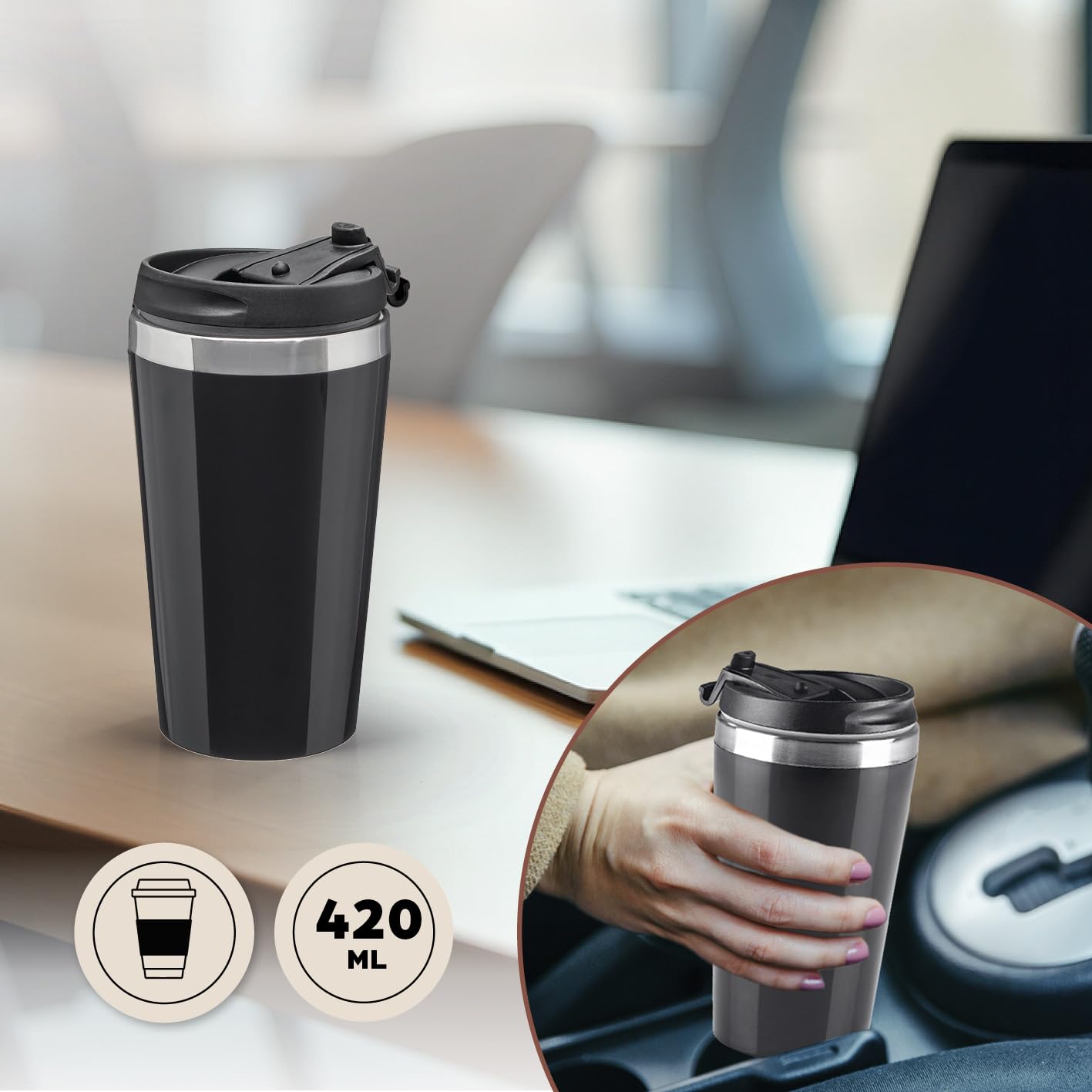 Barista Single ekspres do kawy na wynos, 450 W, kompaktowy ekspres przelewowy z kubkiem termicznym, mały, przenośny ekspres do kawy na wynos, w zestawie kubek termiczny i nylonowy filtr permanentny