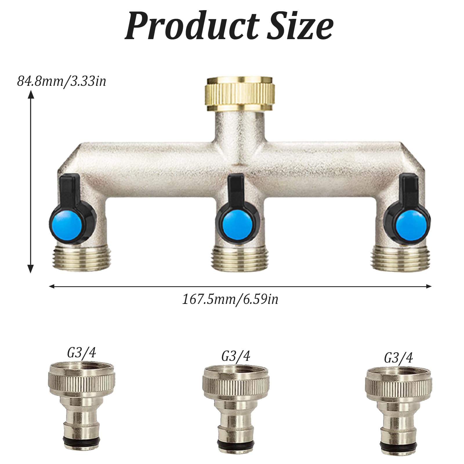 Distributore Acqua Rubinetto a 3 Vie, Sdoppiatore Rubinetto Giardino, Distributore a 3 Vie 3/4 Pollice con 3 Valvole a Sfera Separate, 3/4" Distributore a 3 Vie per Rubinetto Giardino Ottone (3 Vie)