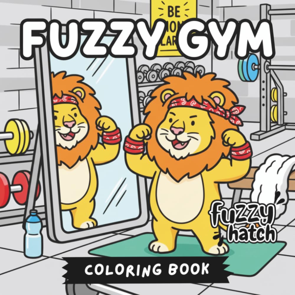 Fuzzy Gym - A Bold and Easy Coloring Book: Cute Animals Working Out, Simple Retro Gym Scenes and Funny Exercise Doodles for Stress Relief | Bold Lines for Adults, Seniors and Teens