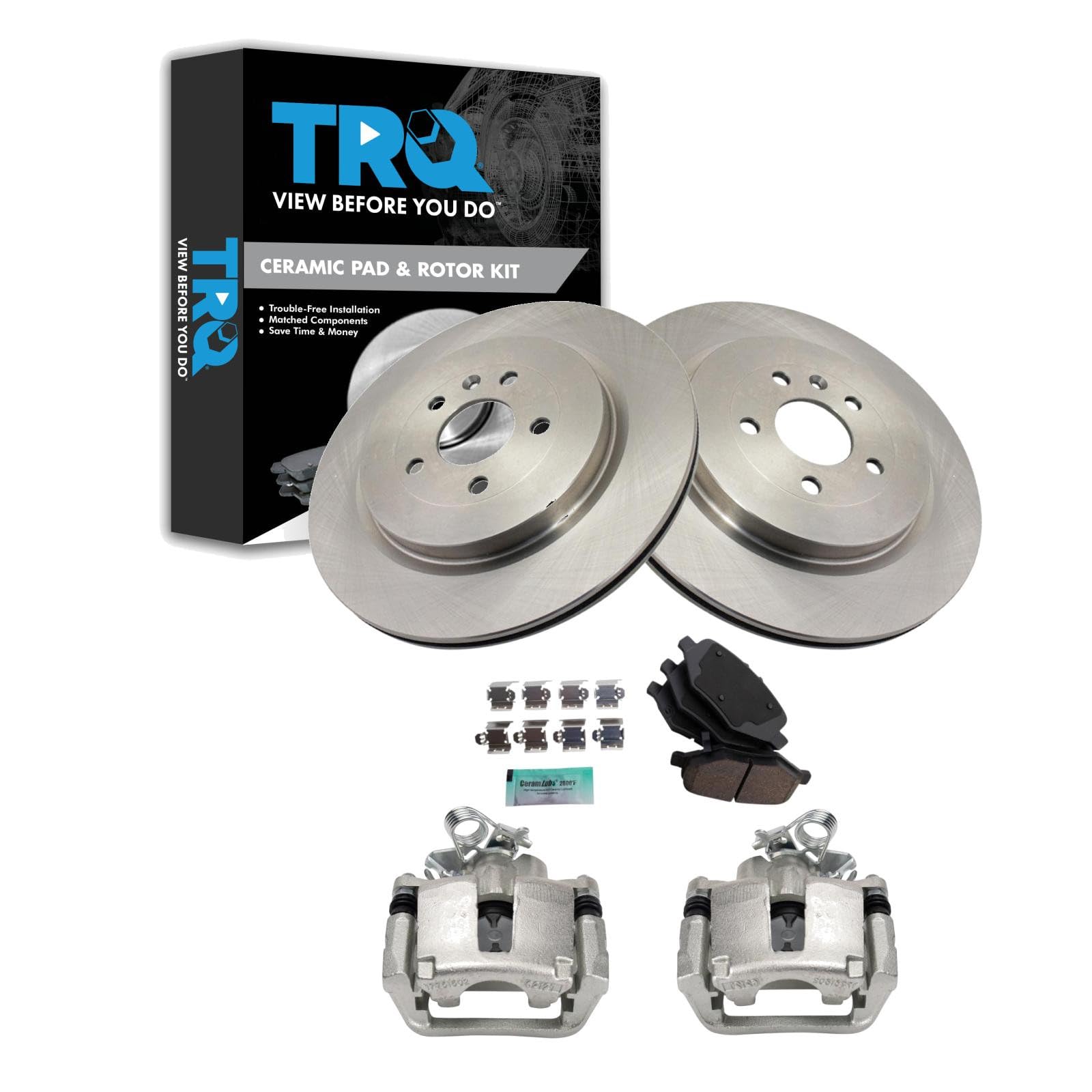 TRQ Rear Brake Pad &amp; Rotor Set Ceramic Rotors Calipers