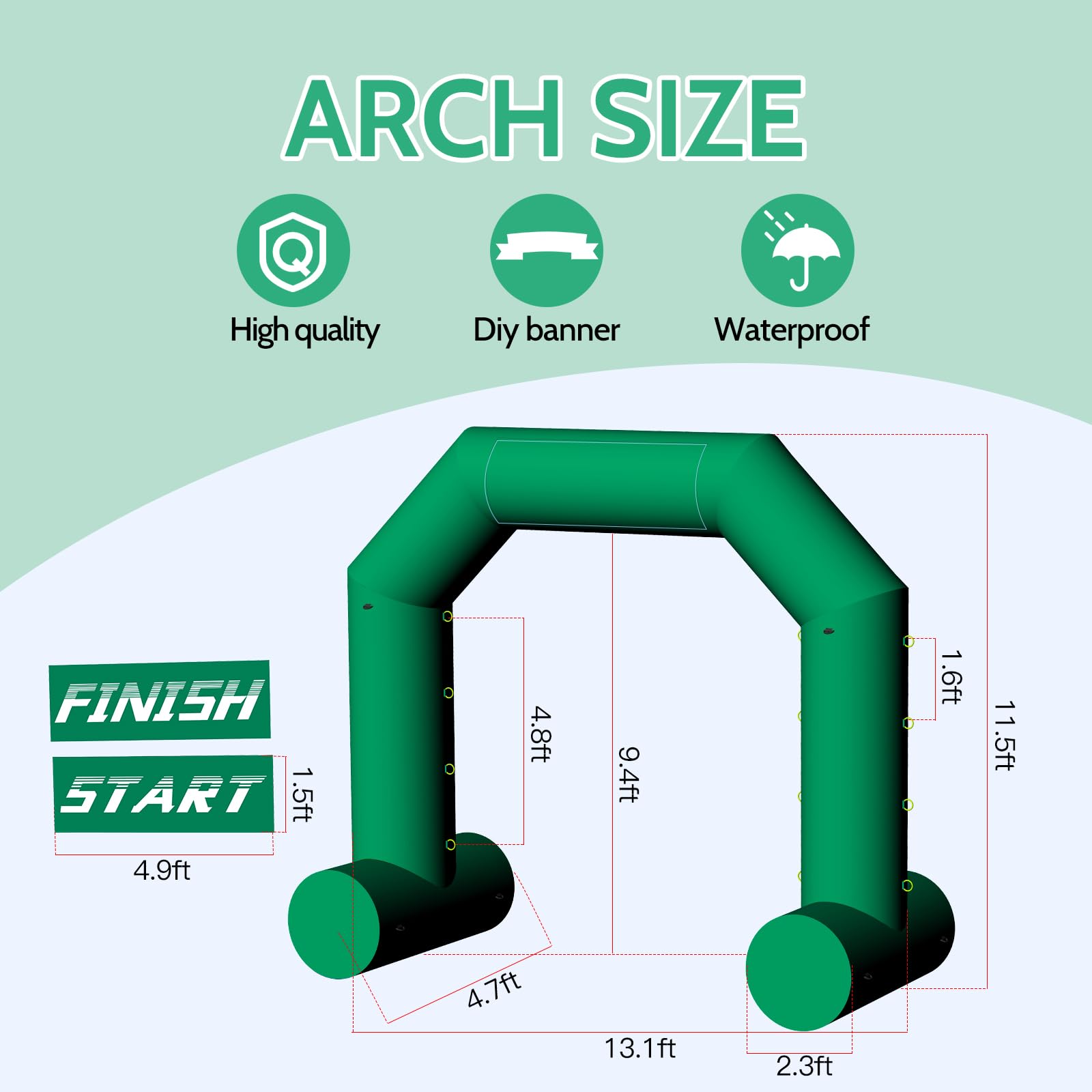 Arco Gonfiabile Esagonale 13 Piedi Verde con Banner di Inizio e Fine Gara, Ventilatore Potente, Arco all'Aperto per Maratone ed Eventi Pubblicitari
