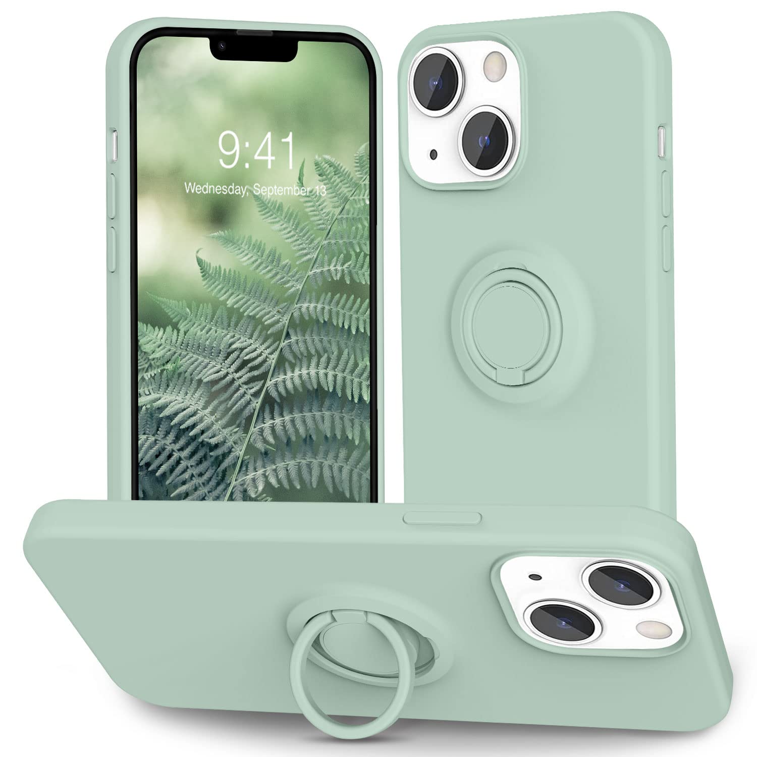 YEQOO Compatible with iPhone 13 Case [Liquid Silione with Kickstand] Soft Microfiber Lining | Anti-Scratch Thickening Gel Rubber Drop Full-Body Protection Cover Case for Women Girls- Mint