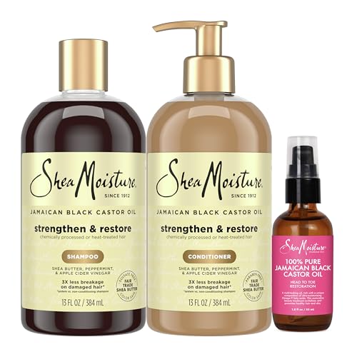 SheaMoisture Strengthen and Restore Shampoo, Conditioner & Head-To-Toe Restoration Body Care Oil Jamaican Black Castor Oil for Dry Skin & Hair Skin and Hair Care Regimen with Shea Butter