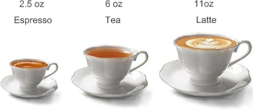 Miniatura 4 de Guangyang Juego de 12 tazas de té de porcelana fina de 6 onzas, juego de 6 tazas y platillos para té de capuchino, café blanco plano