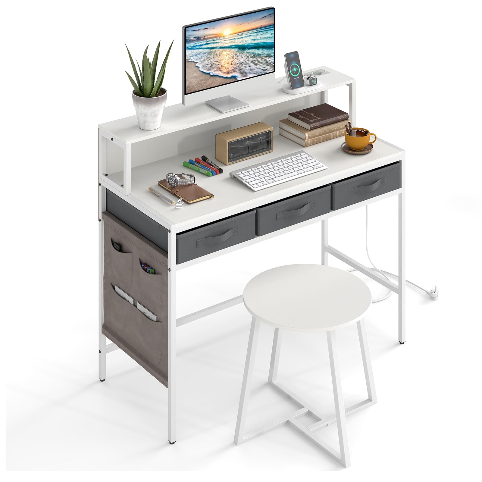 COSTWAY Scrivania per Computer con Supporto Monitor, Set Scrivania Salvaspazio con Sgabello, 3 Cassetti, Tasche Laterali, Stazione di Ricarica, Set Toeletta Trucco per Soggiorno Studio (Bianco)