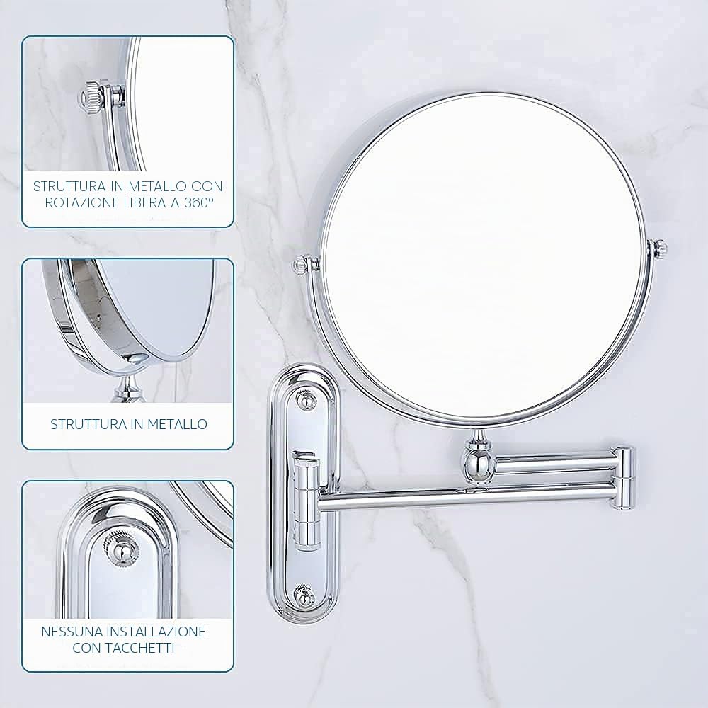 DOWRY Specchio Cosmetico da Parete,Specchio Estensibile da Bagno,Specchio Ingranditore 10x/1x,Rotazione a 360° Bifacciale Specchio,Specchio da Barba,Argento,Diametro 20 cm
