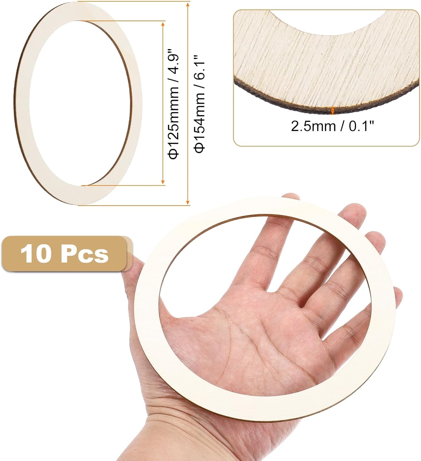 MECCANIXITY 6.1 Inch Unfinished Wood Rings, 2.5mm Thick Natural Wooden Ring Circle Flat Round Shape Ornaments Wooden Slices for Frames, DIY Crafting Projects, Painting, Home Decor, 10Pcs