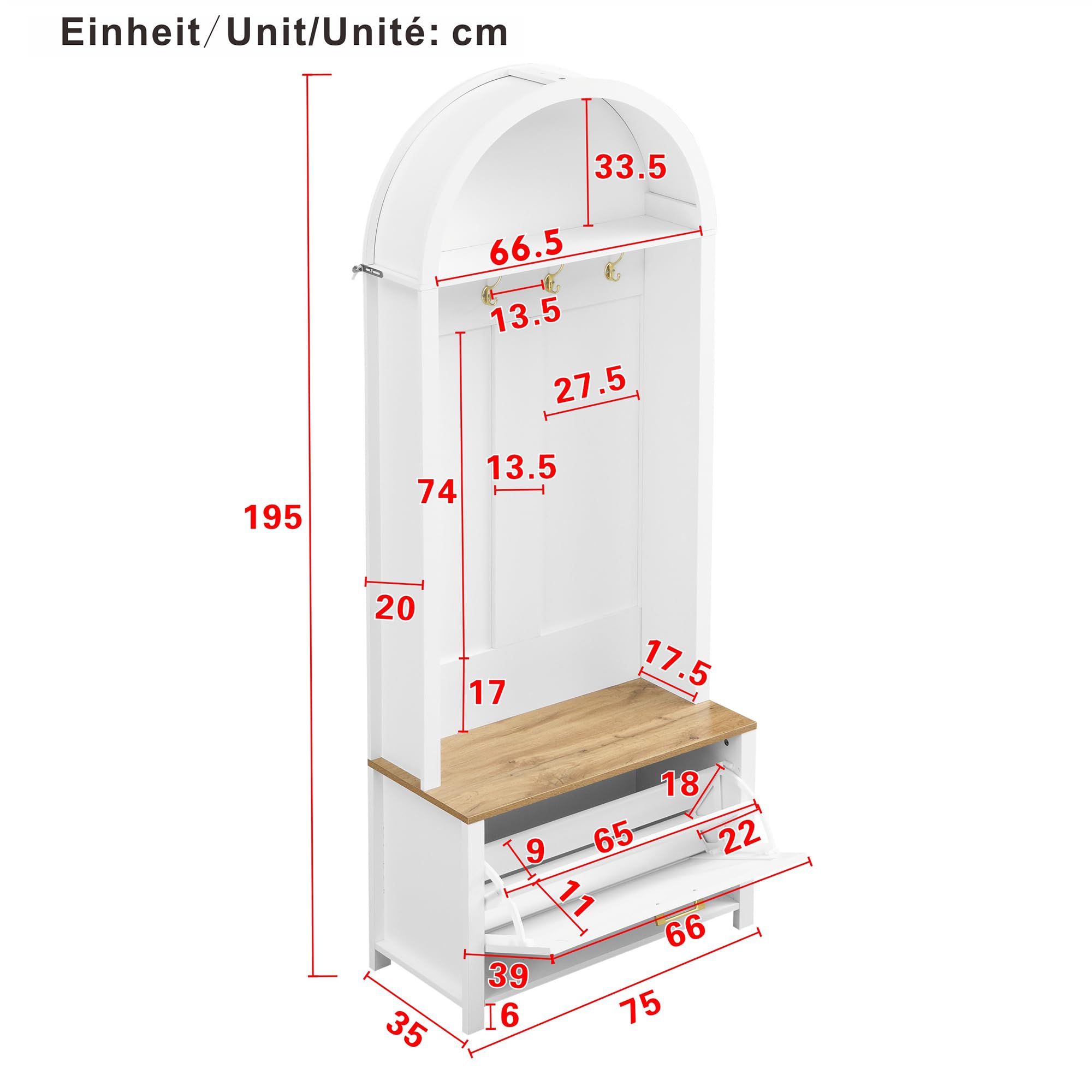 Merax Garderobe Set, Kompaktgarderobe mit Schuhregal, Ablage & Haken, 75x35x195 cm, Weiß
