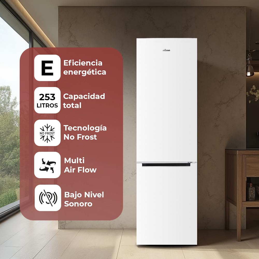 Nilson Frigorífico Combi Blanco, 2 Puertas. NC185500ENF, Capacidad 253 L, No Frost, Multi Air Flow, Bajo Nivel Sonoro, Puerta Reversible, Clasificación Energética E