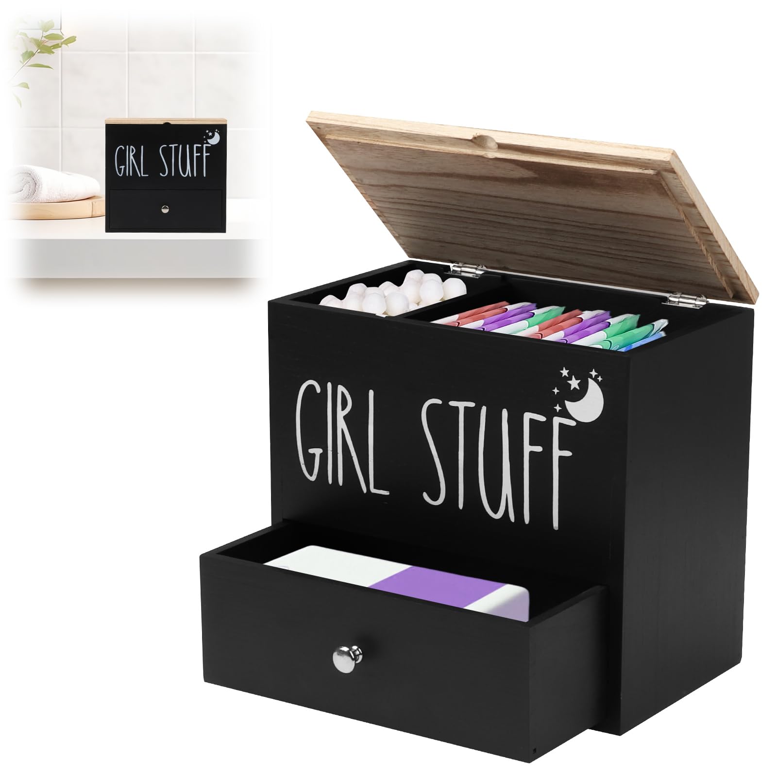Boîte de Serviette Hygiénique de Toilette, Boîte de Rangement en Bois avec Couvercle Distributeur de Organisateur de Tampon Organisateur de Produits Féminins, pour Salle de Bain (Noir)