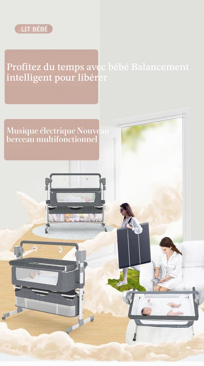 Berceau électrique Bluetooth pour cododo pour bébé, berceau de chevet convertible, berceau portable pliable pour nouveau-né avec matelas et haut-parleur de musique Bluetooth (électrique-beige