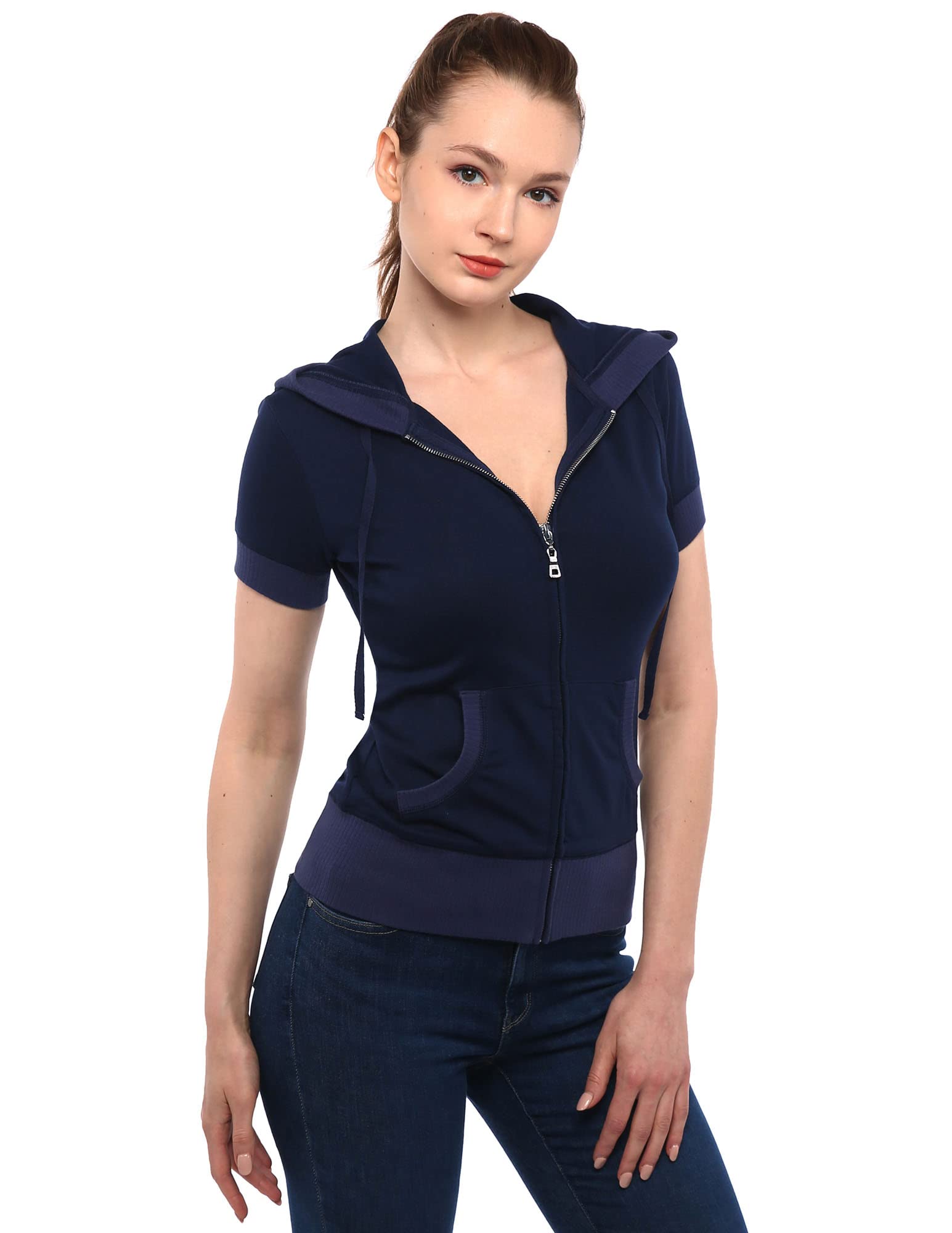 AmélieBoutik Women Cotton Blend Hoodie Zip Up Kangaroo Pocket Short Sleeve Jacket, Navy Blue, XS