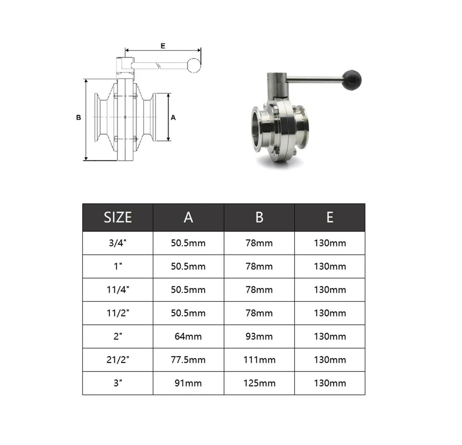 Valvola a Farfalla in Acciaio Inossidabile SS304/316L 3/4 "1" 1-1/2 "2" 3 "4" OD50.5/64/119mm Valvola a Farfalla a Tre Clip(32mm Ferrule 50.5,SS304)
