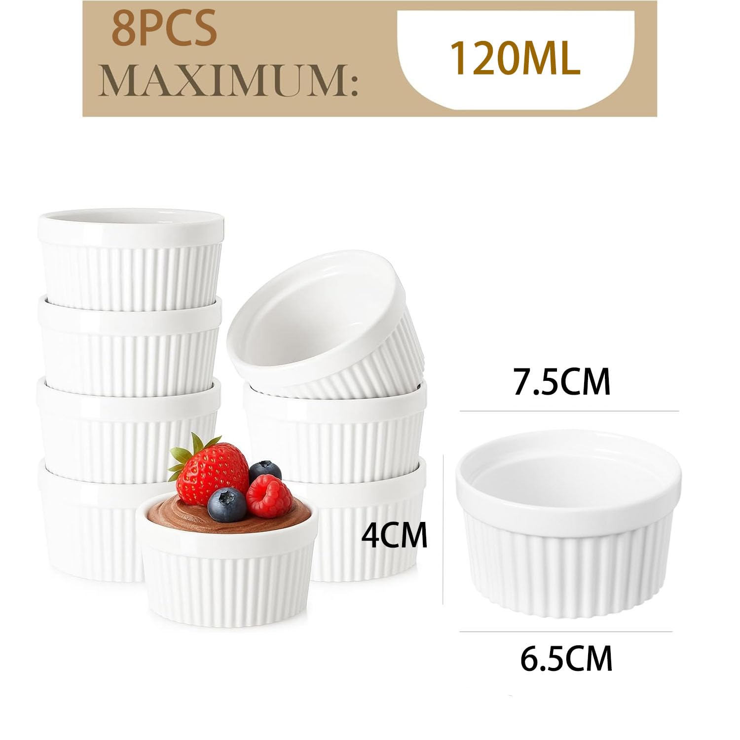 Lot de 8 ramequins à crème brûlée, 120ml moules à soufflé en porcelaine,à soufflé, passent au four, en céramique pour ragoût, délicieuses viandes assaisonnées, muffins, panna cotta,blanc