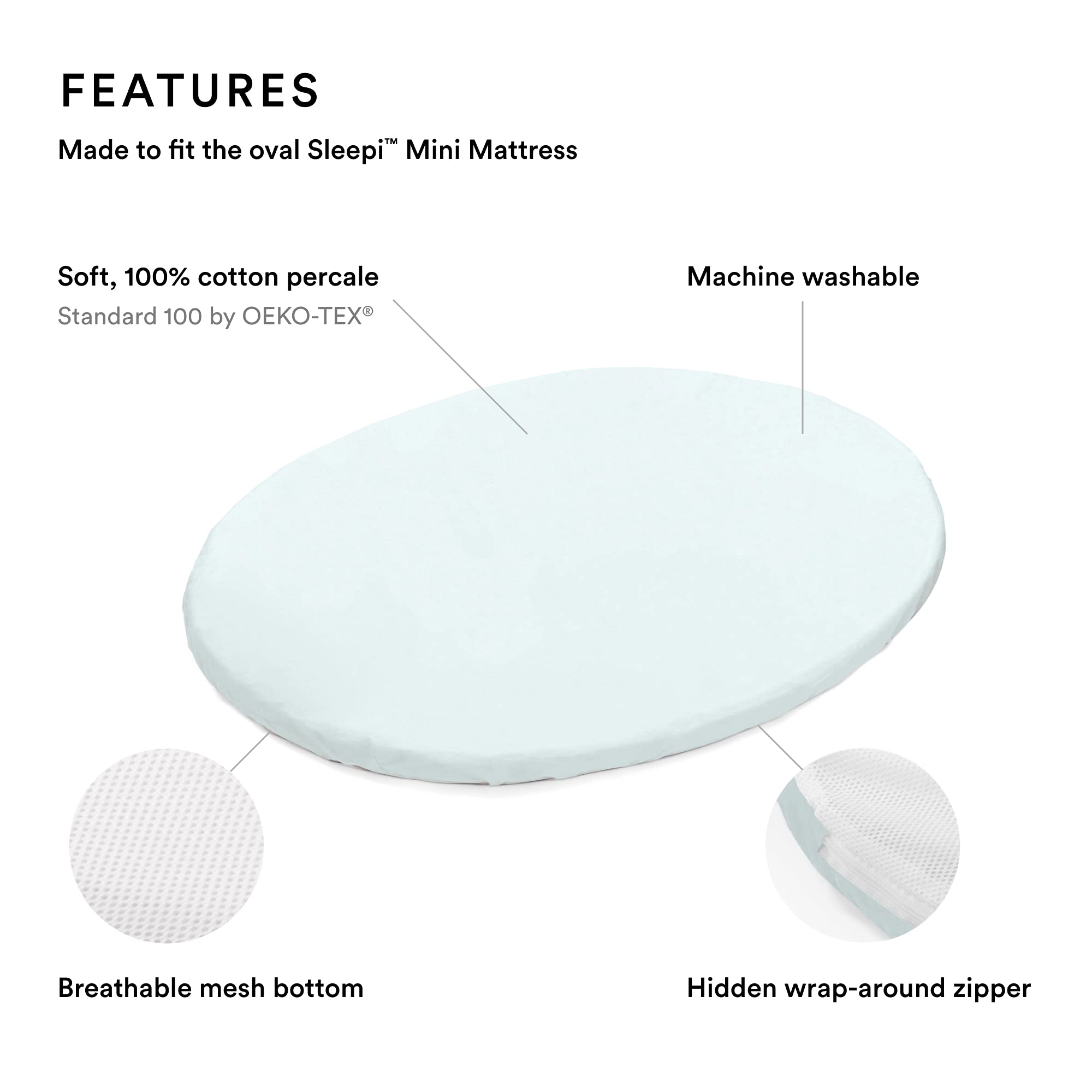 Stokke Sleepi Mini Fitted Sheet V2, Powder Blue - Compatible with Sleepi Mini V3-100% Fine Cotton Percale - Safe, Stylish & Washable