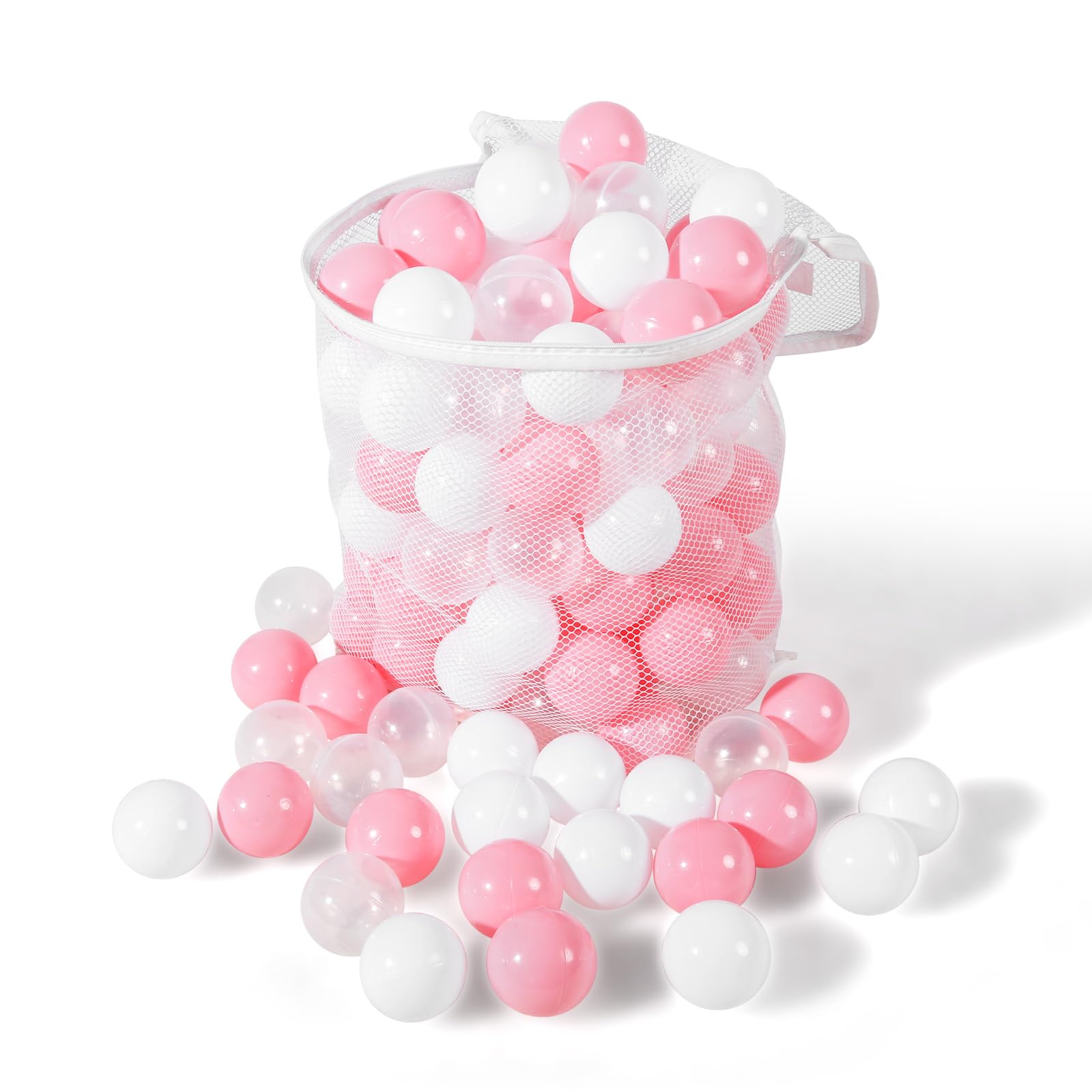 Heopeis Balls for Ball Pit, 100 pcs 2.2 Inches Thicken Soft Plastic Balls for Ball Pool, Crush Proof Ball Pit Balls BPA Phthalate Free Baby Toddler Toy Ball with 3 Color Pink White and Clear