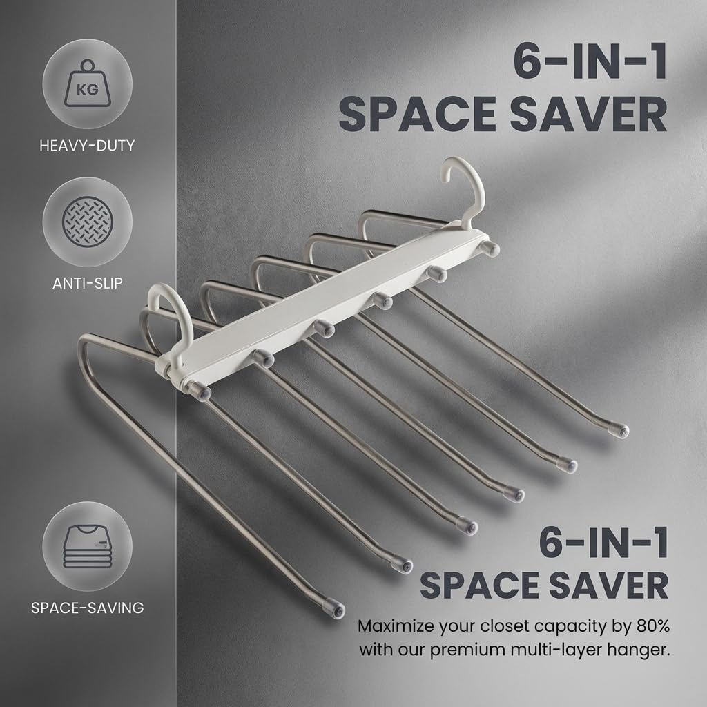 Sakerplus Pants Hangers 6-Layer Foldable Trouser Rack, Space Saving Closet Organizer, Non-Slip Clothes Hangers for Pants, Multi-Functional Hanging Closet Organizer for Closet Organization (2)