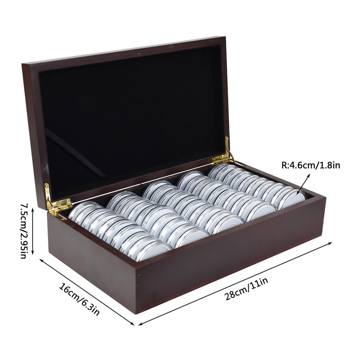 46 mm Wooden Coin Holder, 50 Pcs Highly Transparent Coin Capsules with Foam Gasket, Coins Collector Case Holder, Coin Storage Case Box for Coin Collection,1 Pack