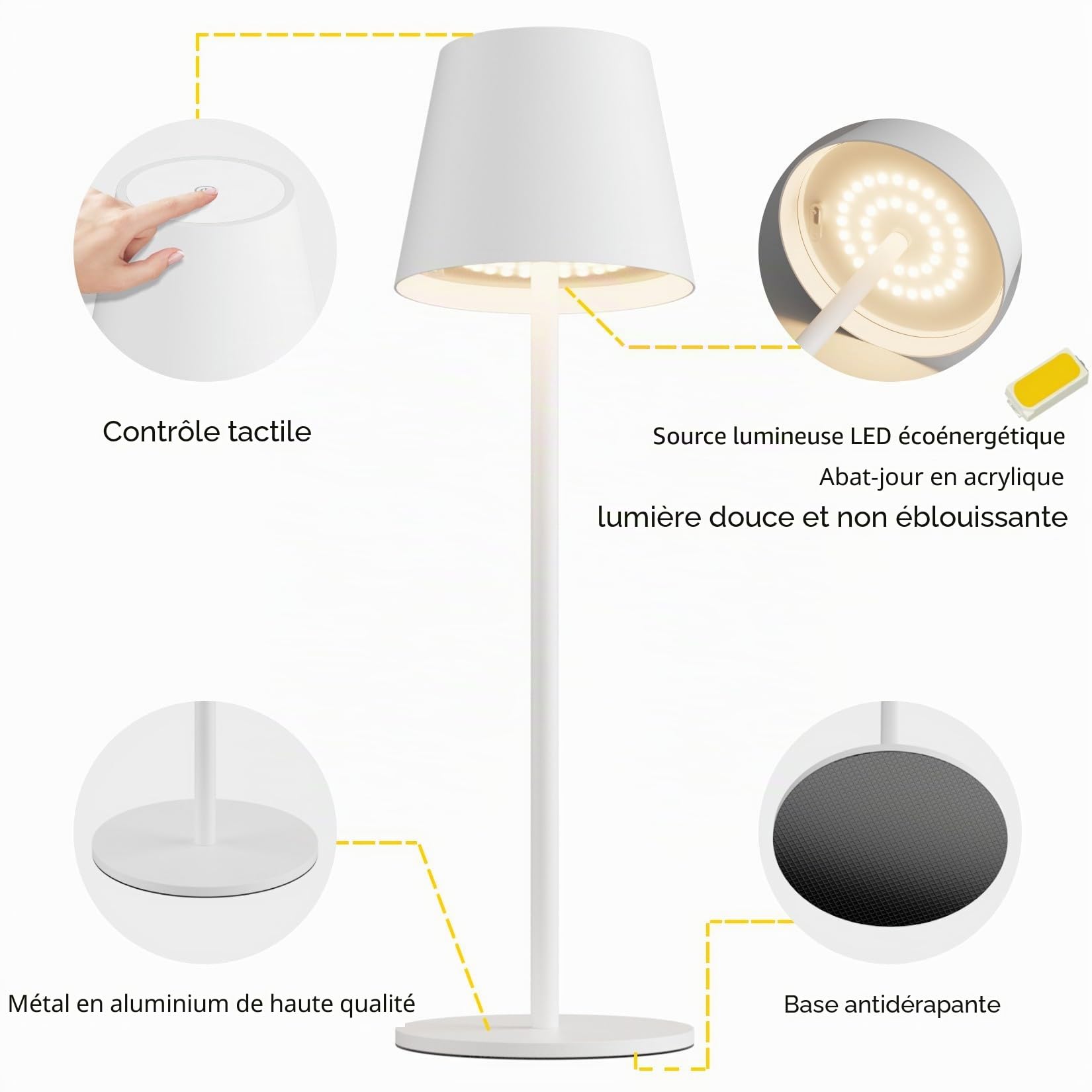 K-Bright lampe de Table à LED à Toucher Intensité Variable, Lampe de Table Sans Fil 3000K/4000K/6000K Rechargeable Étanchéité IP54 Blanc (2 pièces)