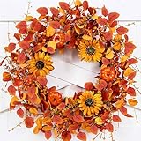 WSTPUPU Fall Wreath 22 Inch Fall Wreaths for Front Door Autumn Wreath with Orange Pumpkin Sunflower Eucalyptus Leaves and Berries for Porch Farmhouse Thanksgiving Harvest Festival Celebration