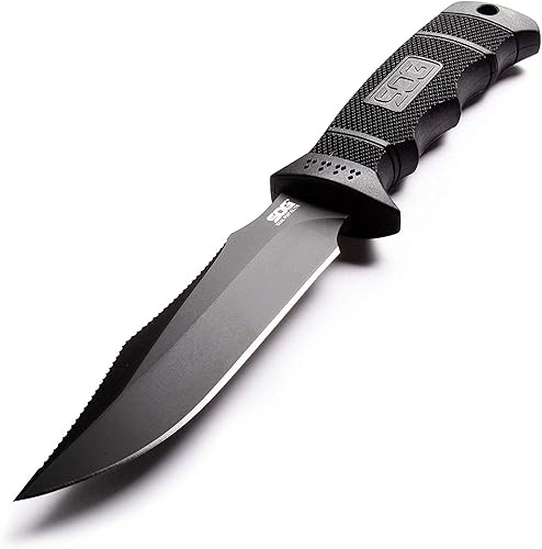 Vista 10 de SOG SEAL Cuchillo de hoja fija Pup Elite E37T-CP - negro, TiNi 4,85 pulgadas, hoja AUS-8 parcialmente serrada, mango GRN, funda rígida de nylon.