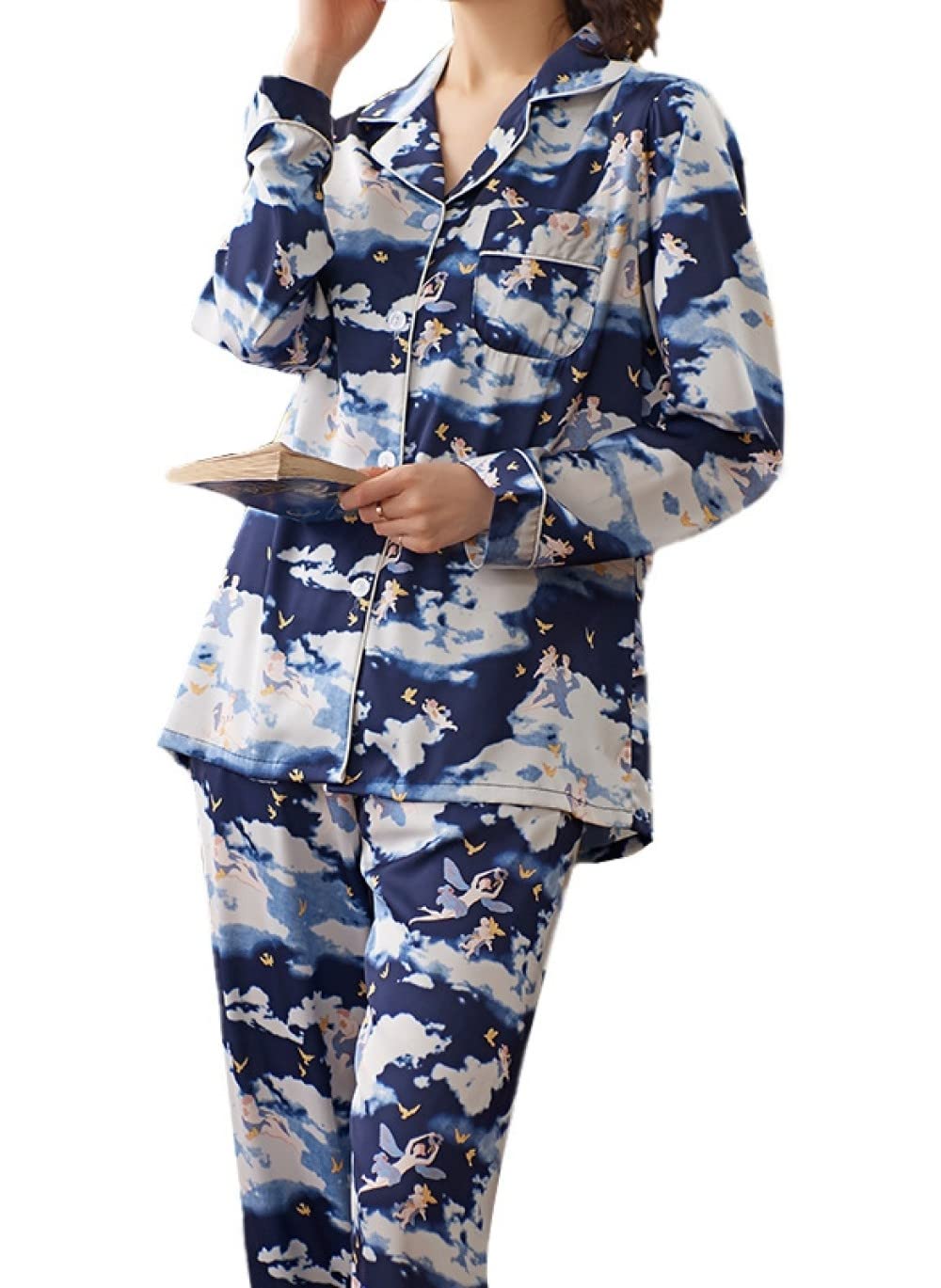 Pijamas para Mujer Conjunto De Pijama De Poliéster con Estampado De Duende De Solapa Azul, Conjunto De Pijama De Poliéster para Mujer, Pijama De Manga Larga Simple Regular para Mujer, Conjunto De