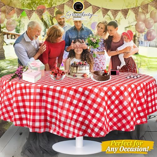 Image of Grandipity Plastic Table Cloth Disposable 12 Pack 84 inch Round Red Gingham | Plastic table covers, durable disposable tablecloths, fade and tear-resistent table cover for party, event