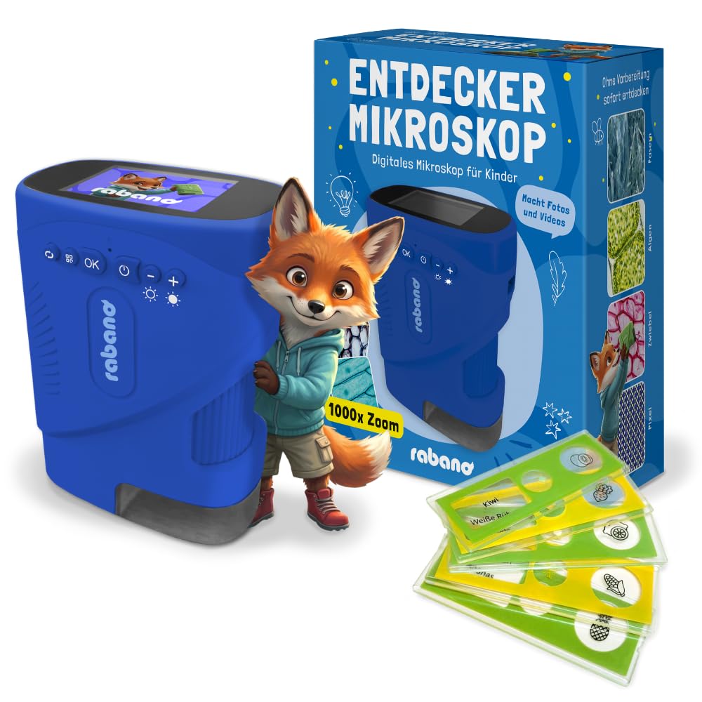 Rabano Tragbares Kinder Mikroskop, 1000x Zoom und HD-Bildschirm, Digitales Mikroskop Kinder für Experimente, Garten & Zuhause, Kindermikroskop & Lupe Spielzeug, Foto- und Video, inkl. SD Karte