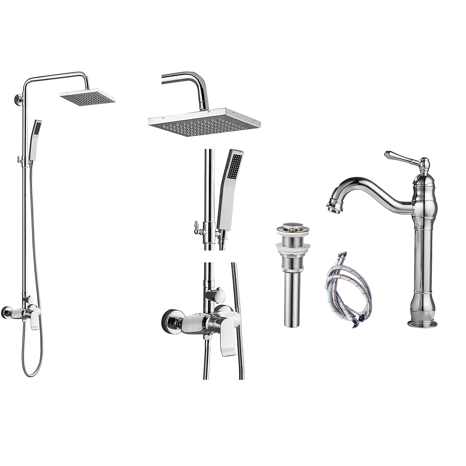 Hcfyauis Polish Chrome Exposed Shower System 2 Functional Bathroom Shower Set 8 Inch With Vessel Sink Faucet Polish Chrome Body Adjustable Swivel Spout Tall Body