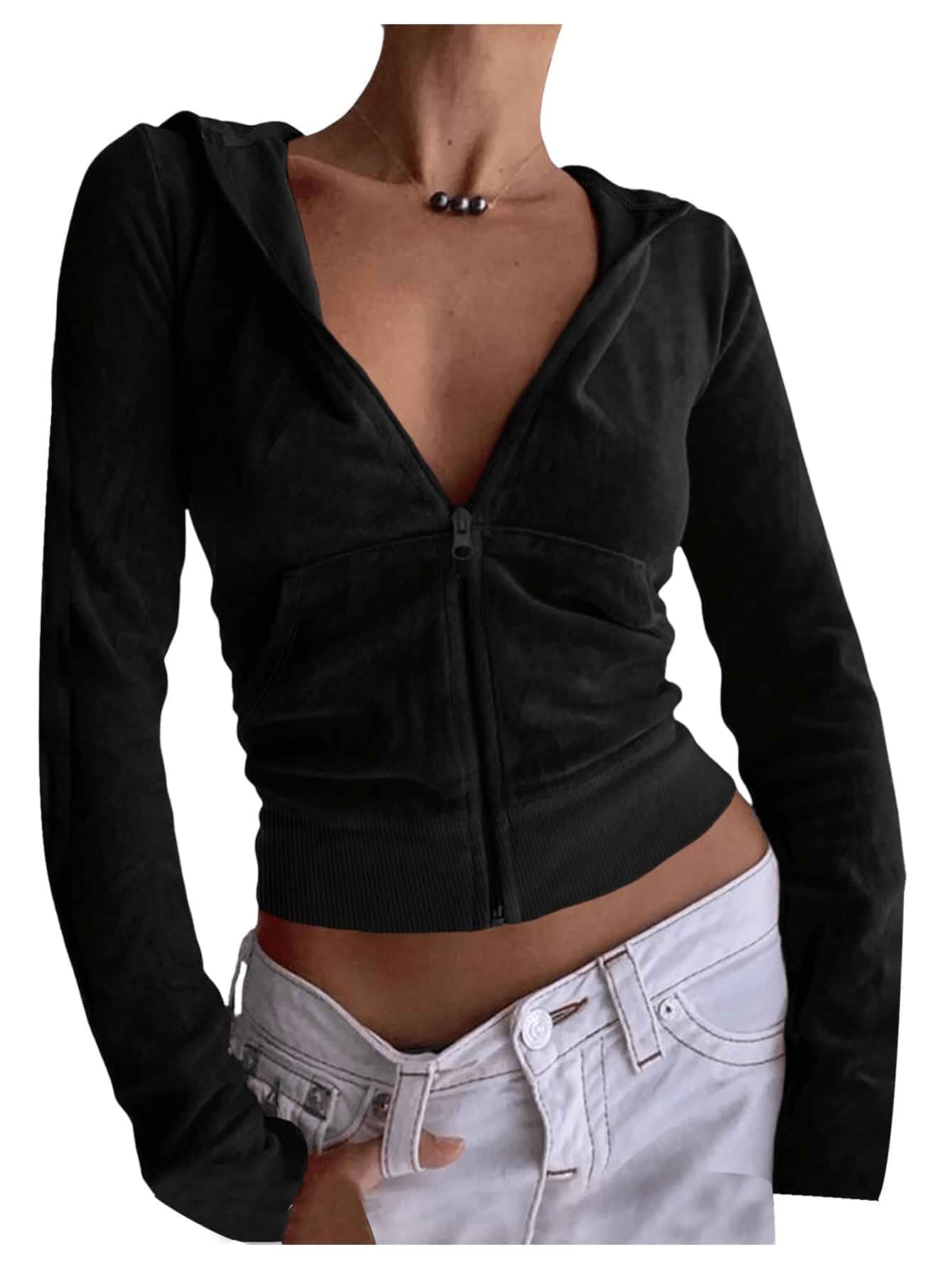 SOLY HUX Women's Zip Up Velvet Cropped Hoodies Sweatshirt Jacket Long Sleeve, Casual, Jacket, Hoodie Pullover Top, with Pockets，Elegant