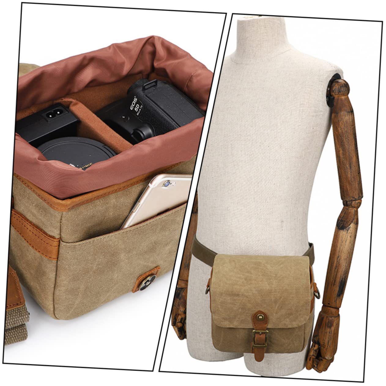 Veemoon Bolsa de Lona para Cámara Portátil Cámara Mirrorless Anticaídas para Fotógrafos al Aire Libre Resistente Color Caqui Compartimento para Accesorios