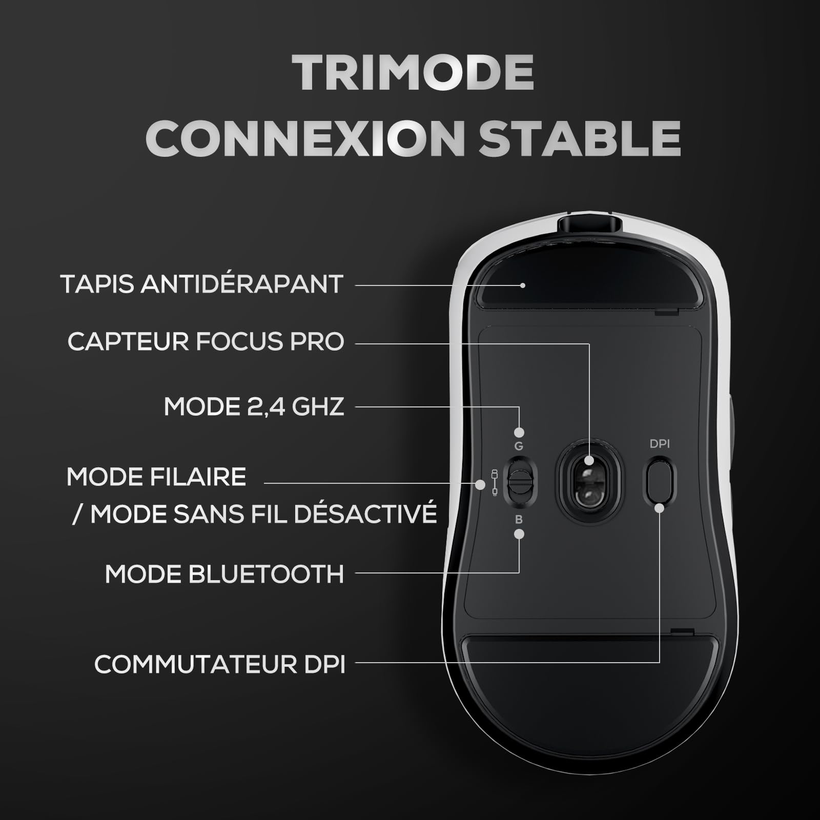 RK ROYAL KLUDGE M3 Souris Sans Fil 47g Ultra-Légère avec Capteur de Haute Précision PAW3950, Souris Gamer 3 Mode (BT / 2.4G / USB-C), 30K DPI, 6 Adjustable, Batterie 650mAh, Confort Ergonomique, Blanc