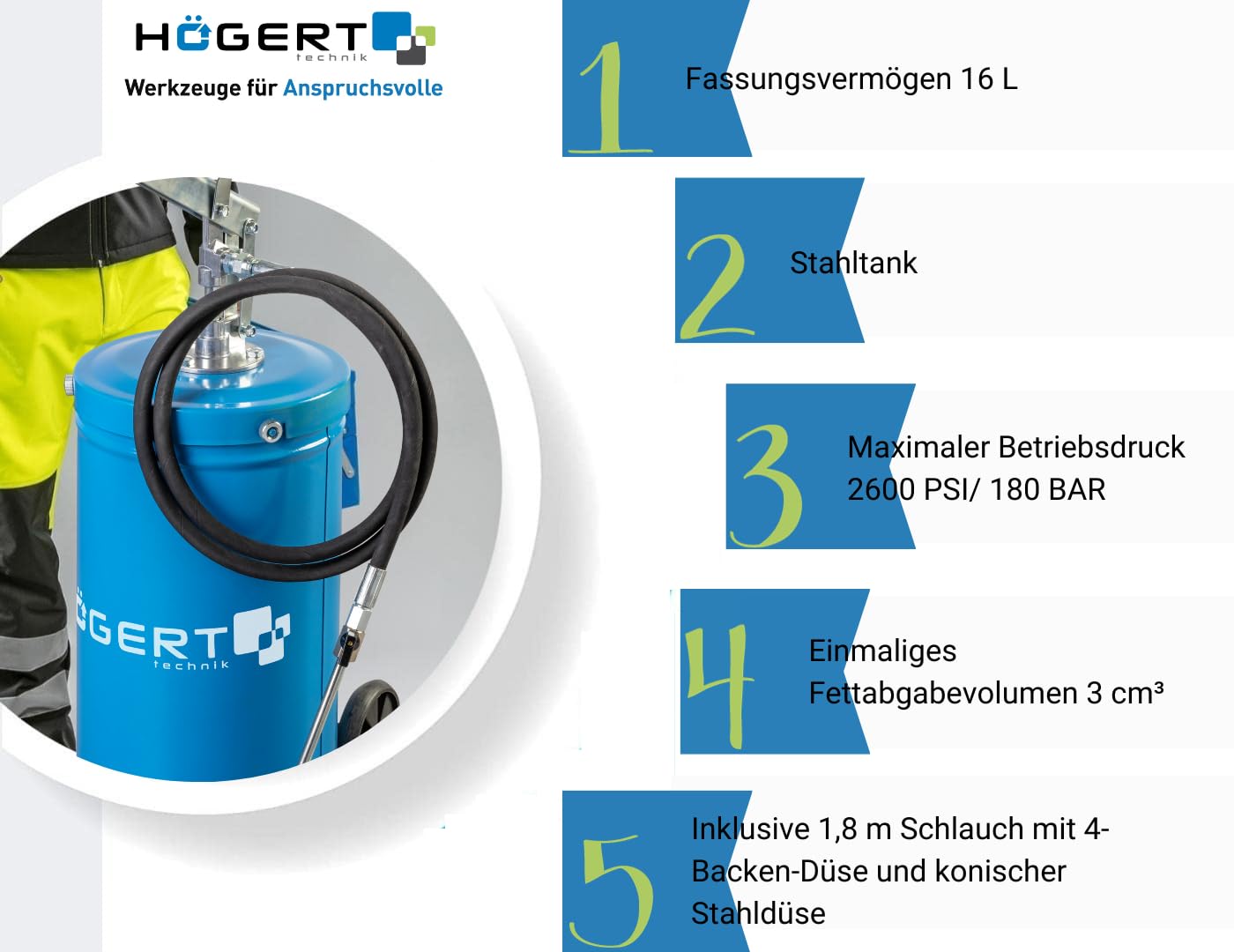 Högert Technik - Grasso con ruote 16L - Pistola professionale per grasso a mano per industria e agricoltura 16L, serbatoio in acciaio, 2600 PSI, 3 cm³ di emissione di grasso, tubo da 1,8 m, ugello a 4