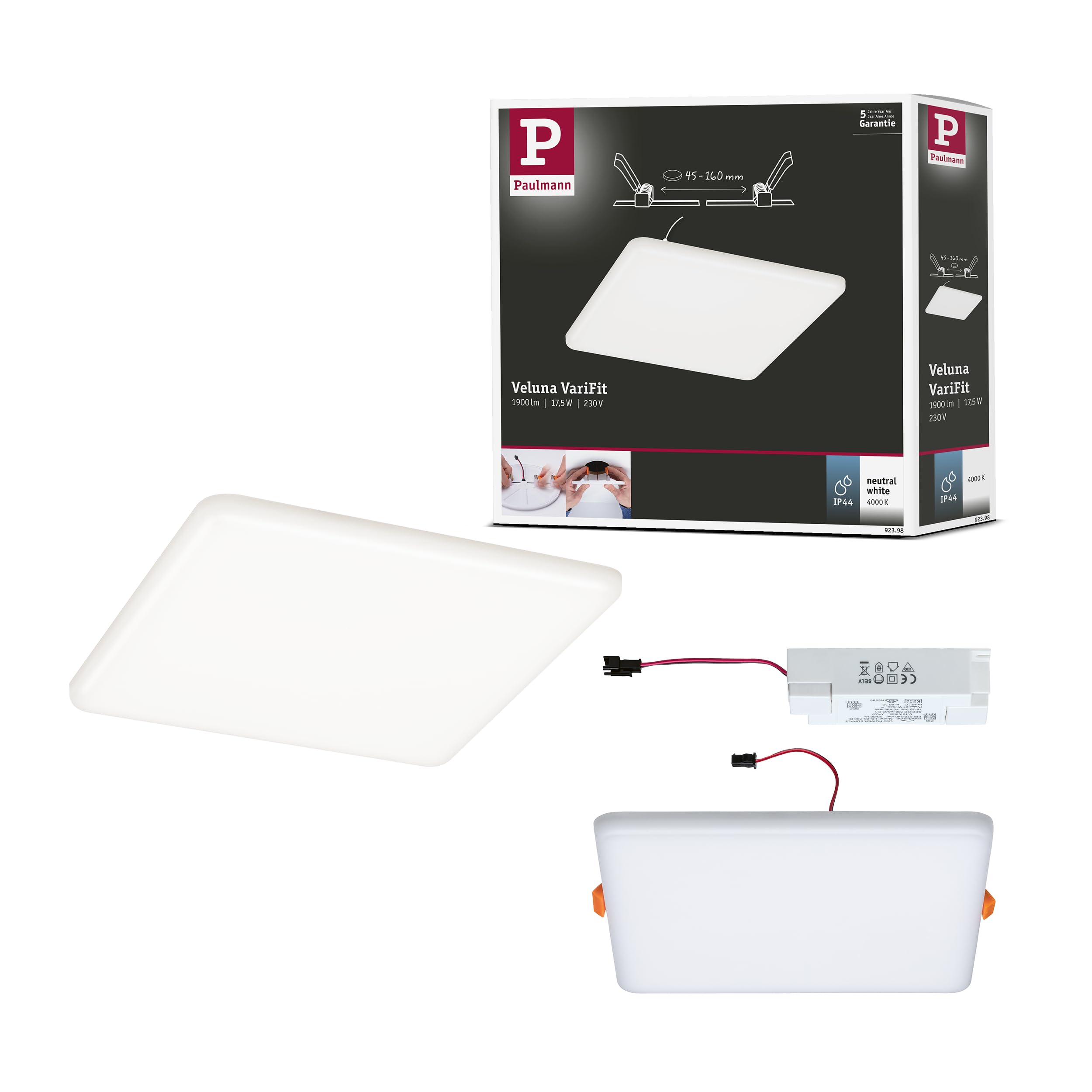 Paulmann 92398 Panel LED, oprawa wpuszczana Veluna VariFit, IP44 185x185mm czworok., w kompl. oprawa sufitowa 1x17,5 W satyn. tworzywo sztuczne 4000 K