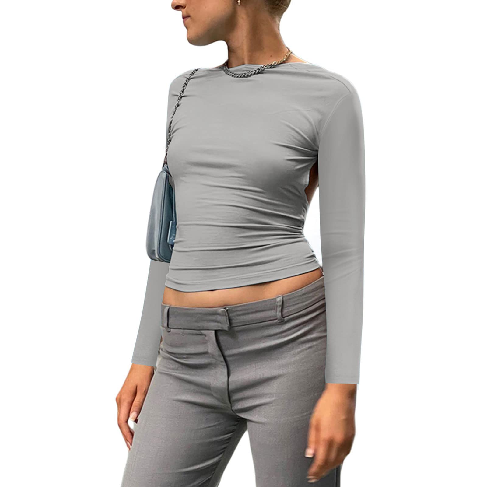 Women 's Sexy Backless Crop Top Solid Color Long Sleeve Slim Tee Shirt Cut Out Cropped Tees Y2K Streetwear