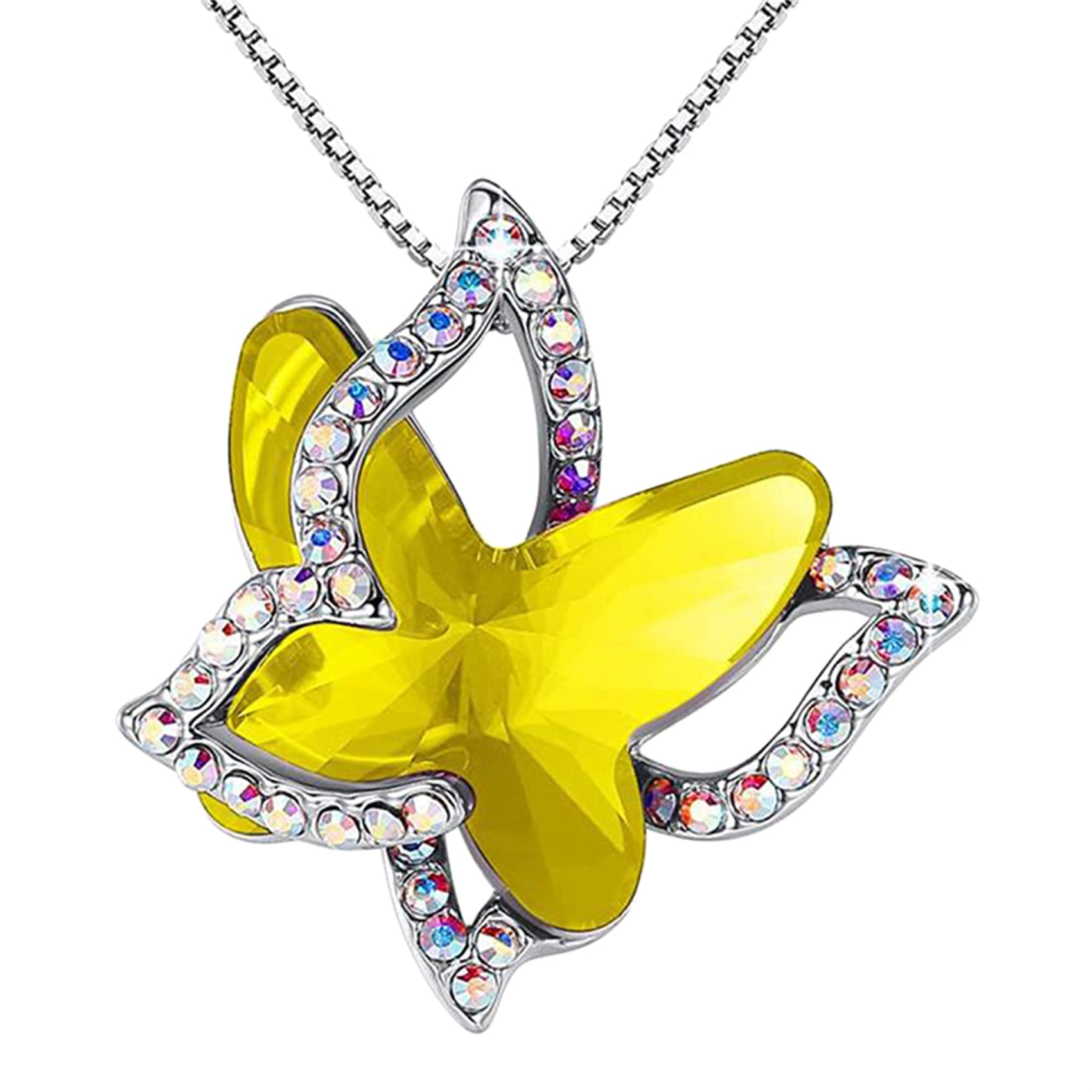 Kshcf Butterfly Crystal Necklace Chain Pendant Necklace Cute Sweater Chain Double Butterflies Pendant Birthday Gifts for Women,Yellow