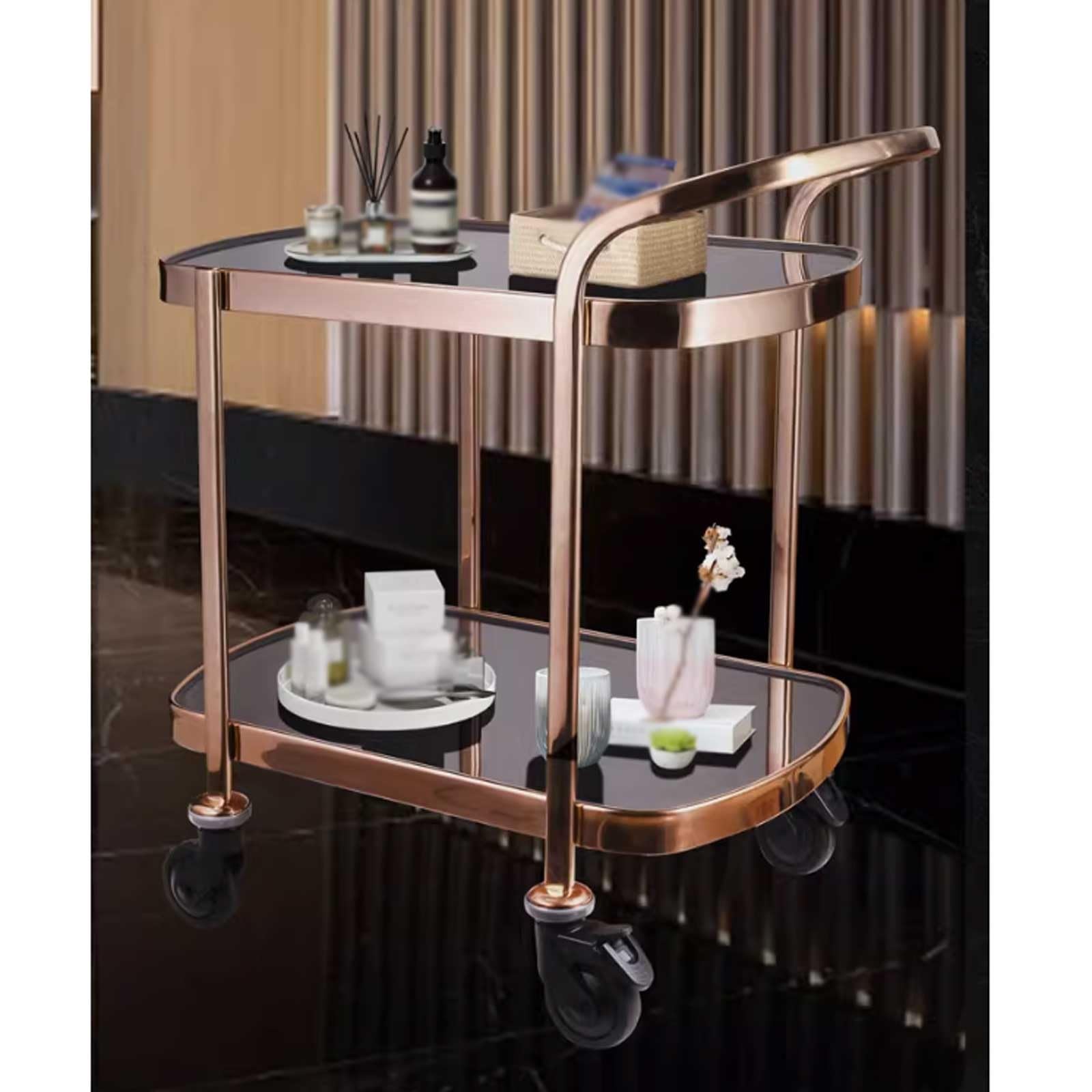 Carro rodante Carros de Bar Lujo Modernos Servicio Cocina for botelleros con Ruedas rodantes 2 Niveles, Espejo Acero Inoxidable, for, Comedor y Fiestas(Gold)