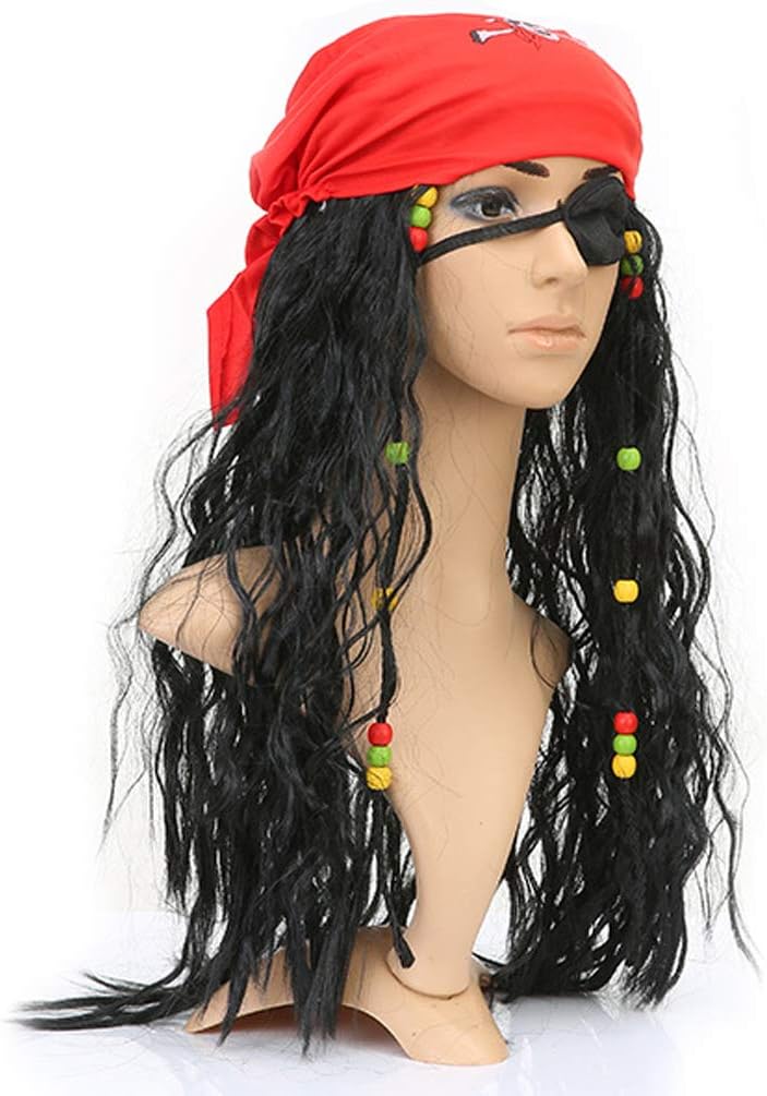 Boieo Black Curly Pirate Captain Hook Cosplay Costume Long Hair Wig Eye Patch Scarf Bulk Set for Kids Adult Halloween Masquerade Party Decorations
