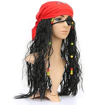 Boieo Pirate Wig for Women Men, Pirate Costume Women Men Halloween, Black Hair Wigs with Accessories, Headband Bandana Head Scarf Set, Adult Captain Hat Eye Patch