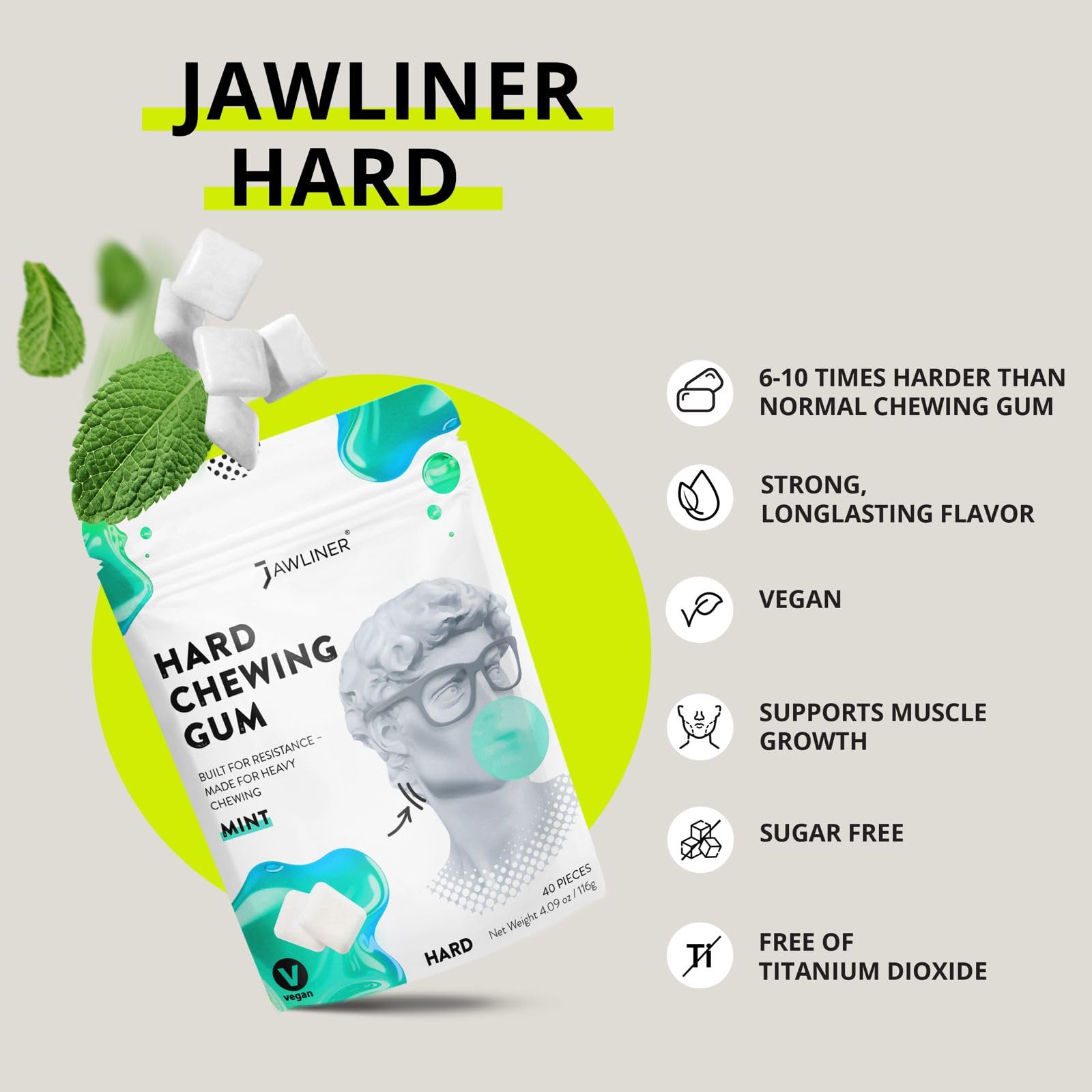 Jawliner® Goma de mascar dura para fitness facial - Ejercitador de mandíbula para esculpir músculo masetero, resistencia 6-10 veces más fuerte, vegana sin azúcar