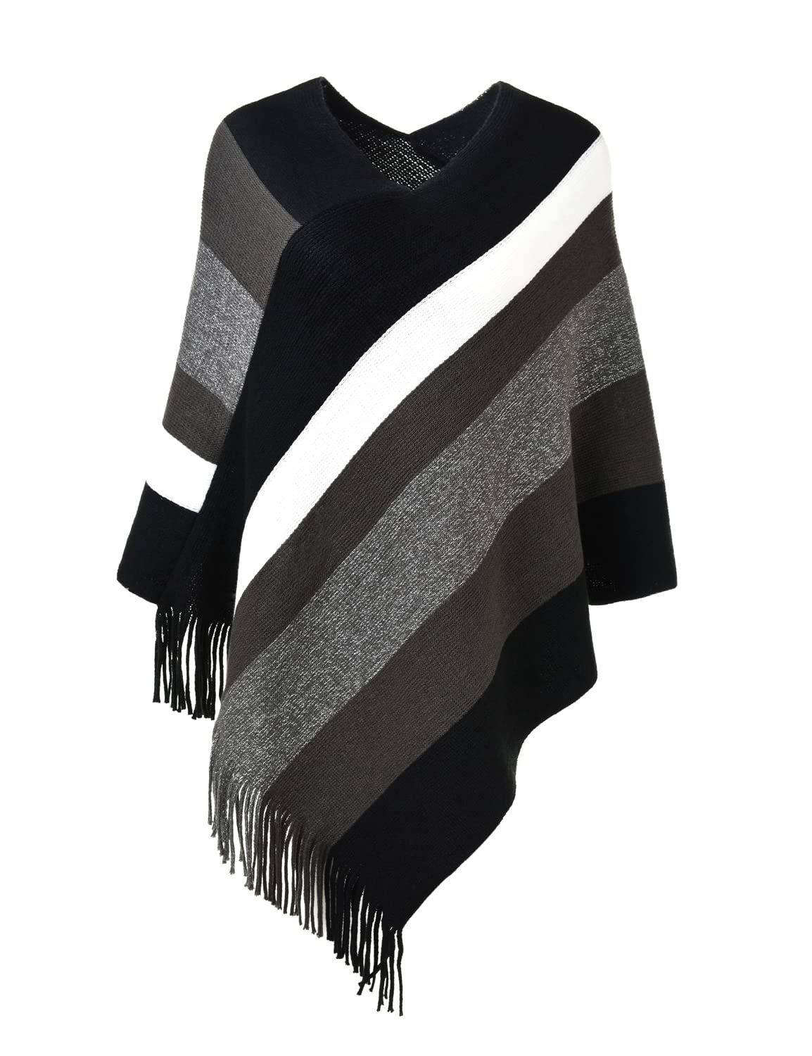 Ferand - Pullover Poncho Maglione da Donna con Frangia - Lavorato a Maglia, Mantella, Righe Grandi, Coprispalle Elegante