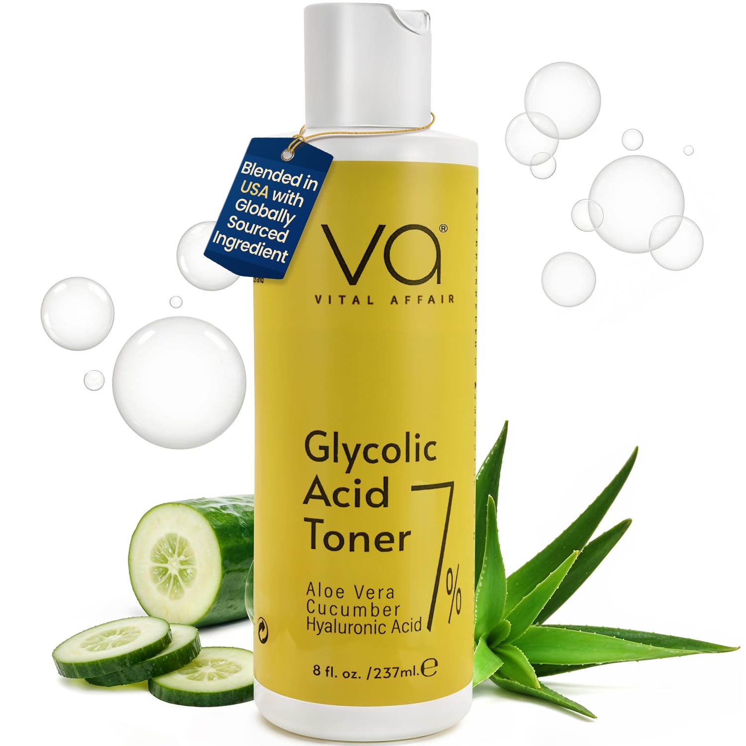 Glycolic Acid Toner for Face with Hyaluronic Acid & Aloe Vera for Skin Care | Age Defying, Pore Minimizer for Face, Exfoliating Toner - AHA Toner - Alcohol Free Toner-for All Skin Types - VITAL AFFAIR.