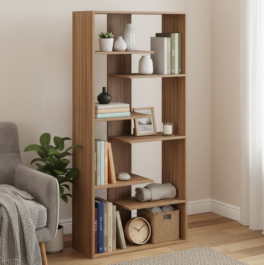 FURNEASER Hazzel Modern 7-Shelf Wooden Bookshelf | Large Zigzag Display Rack with Open Storage | Engineered Wood Bookcase for Living Room, Bedroom & Office � (160 x 60 x 25 cm) (Exotic Teak)-image-17