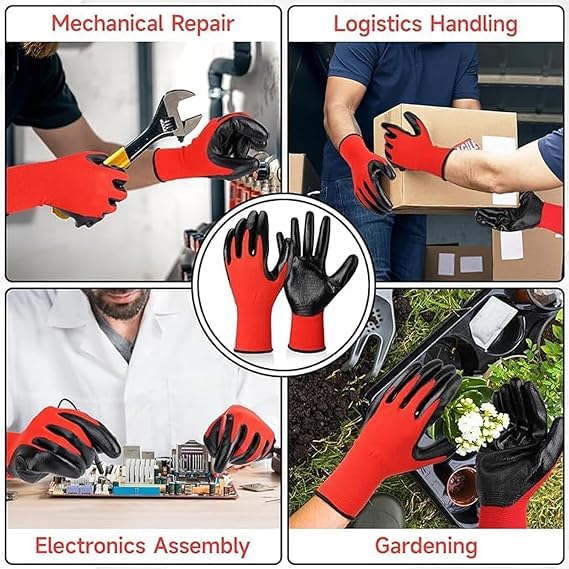 50 Paar Arbeitshandschuhe Herre,robuste & komfortable Gartenhandschuhe Herren,Arbeitshandschuhe Damen,Mechaniker Handschuhe mit Latex Beschichtung für Heimwerken Gartenarbeit(Rot und Schwarz)