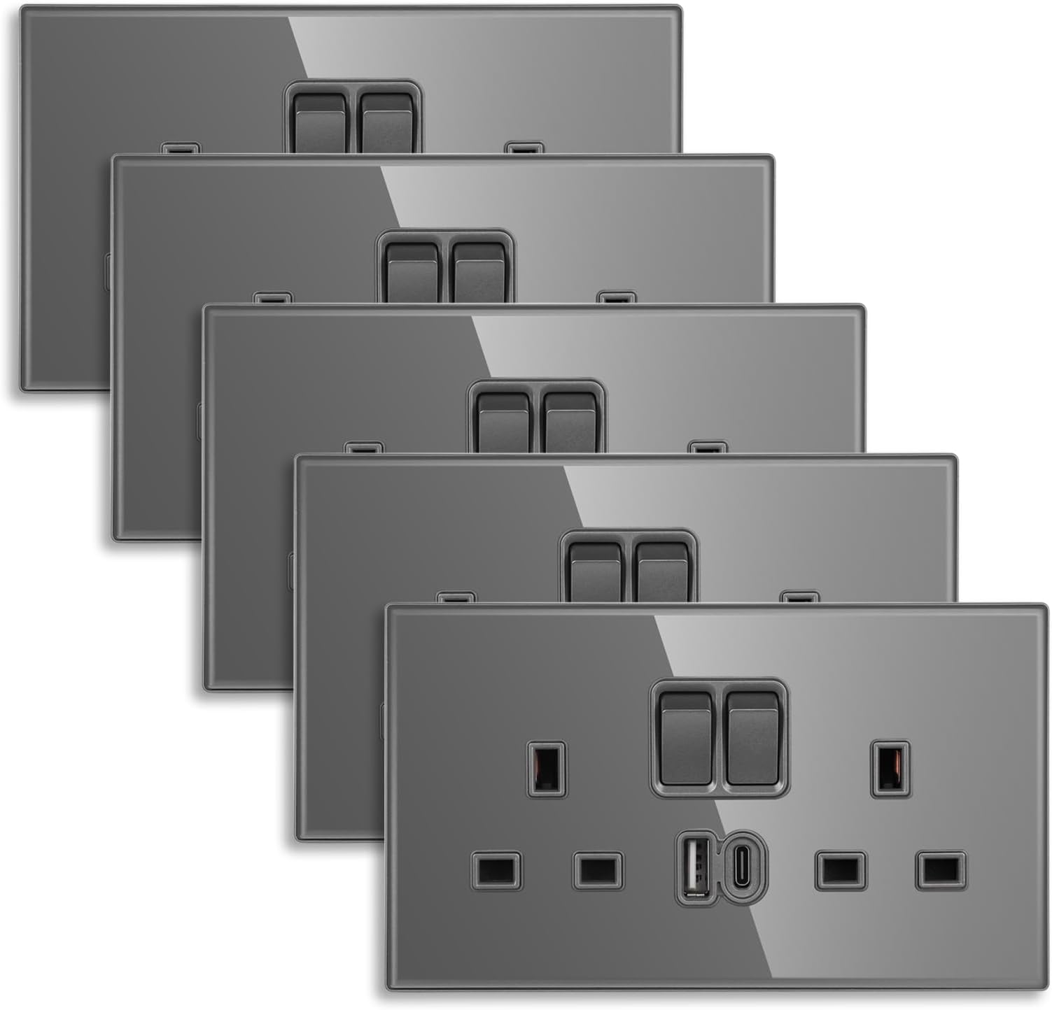 CNBINGO Double Switched Socket with 20W PD USB C and A Fast Charging Ports, Electric Power Sockets 2 Gang 13 Amp, Wall Outlet Grey Tempered Glass Panel, 5 Pack