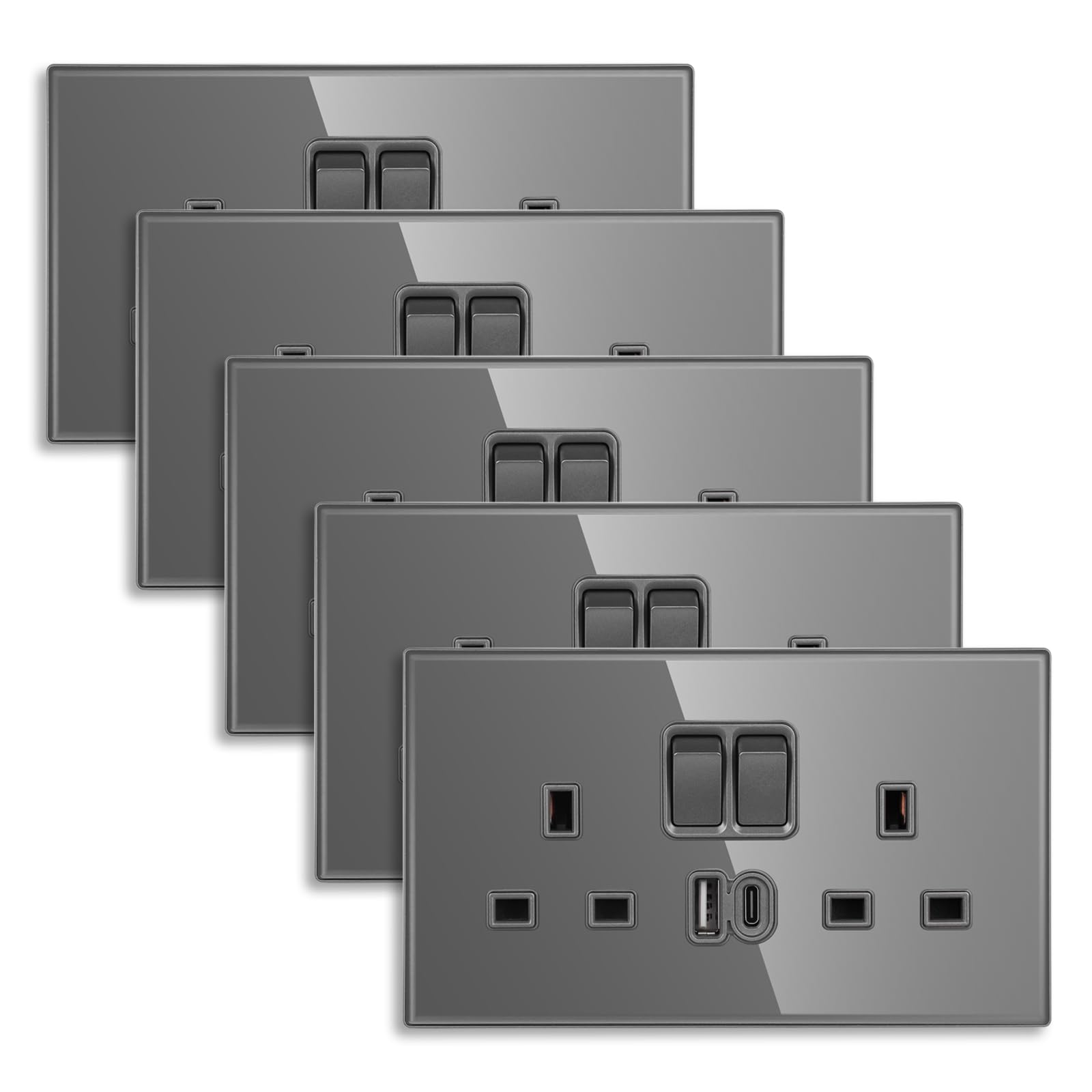 CNBINGO Double Switched Socket with 20W PD USB C and A Fast Charging Ports, Electric Power Sockets 2 Gang 13 Amp, Wall Outlet Grey Tempered Glass Panel, 5 Pack