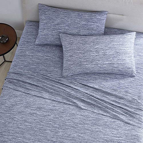Brielle Home Juego de sábanas de algodón de Punto Jersey como el de una Camiseta, Transpirable, Suave, tamaño Individual, Jaspeado Azul Oscuro