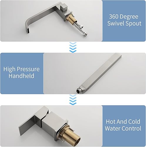 Miniatura 6 de INAGE Grifo de bañera romana en cascada con ducha de mano, grifo de bañera de montaje en cubierta con rociador, juego de grifo de bañera de una sola